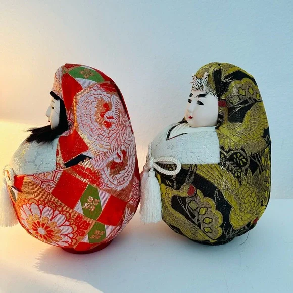 Vintage Japanese Dolls Daruma Hime Ningyo Pair Empress Jingu Handpainted H 8.5” - Picture 5 of 9